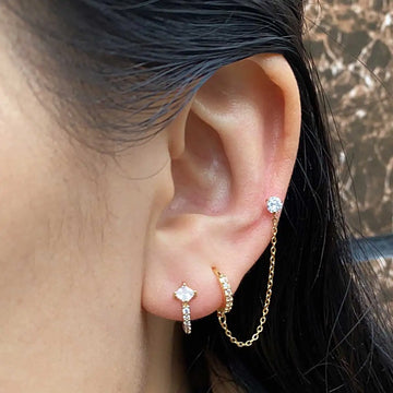 DAIIIBABYYY  -  1Piece Stainless Steel Crystal CZ Two Ear Hole Piercing Studs Earrings for Men/Women Long Tassel Hoop Earrings  Kpop Jewelry